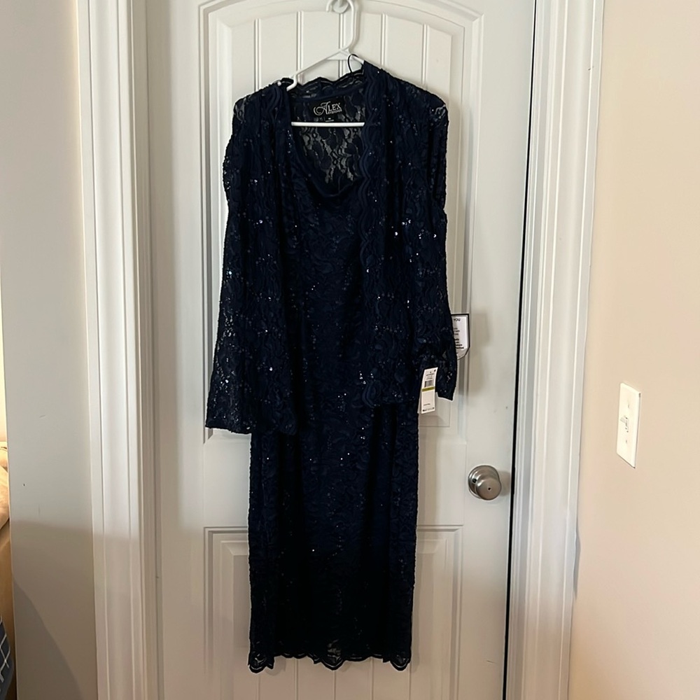NWT Alex evenings sequined midi dress and jacket size 14 navy